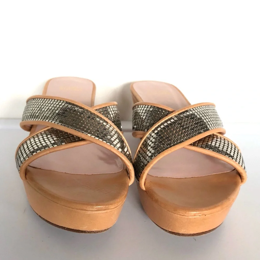 Stuart Weitzman Tan Platform Wedges with Metallic Snake-Print Straps